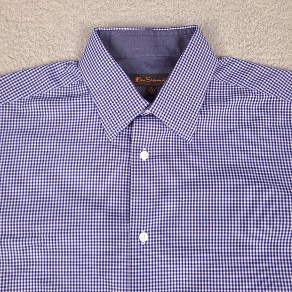 Ben Sherman Shirt Mens Medium Blue Plaid Gingham‎ Button Down Long Sleeve - Picture 2 of 13